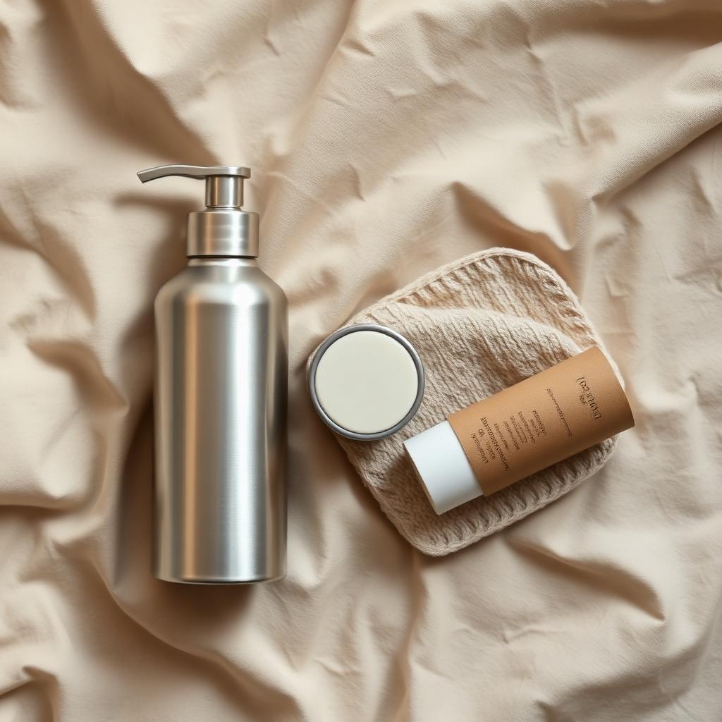Refillable aluminium pump bottle beside a solid deodorant in a cardboard tube and a folded linen face cloth on warm linen.
