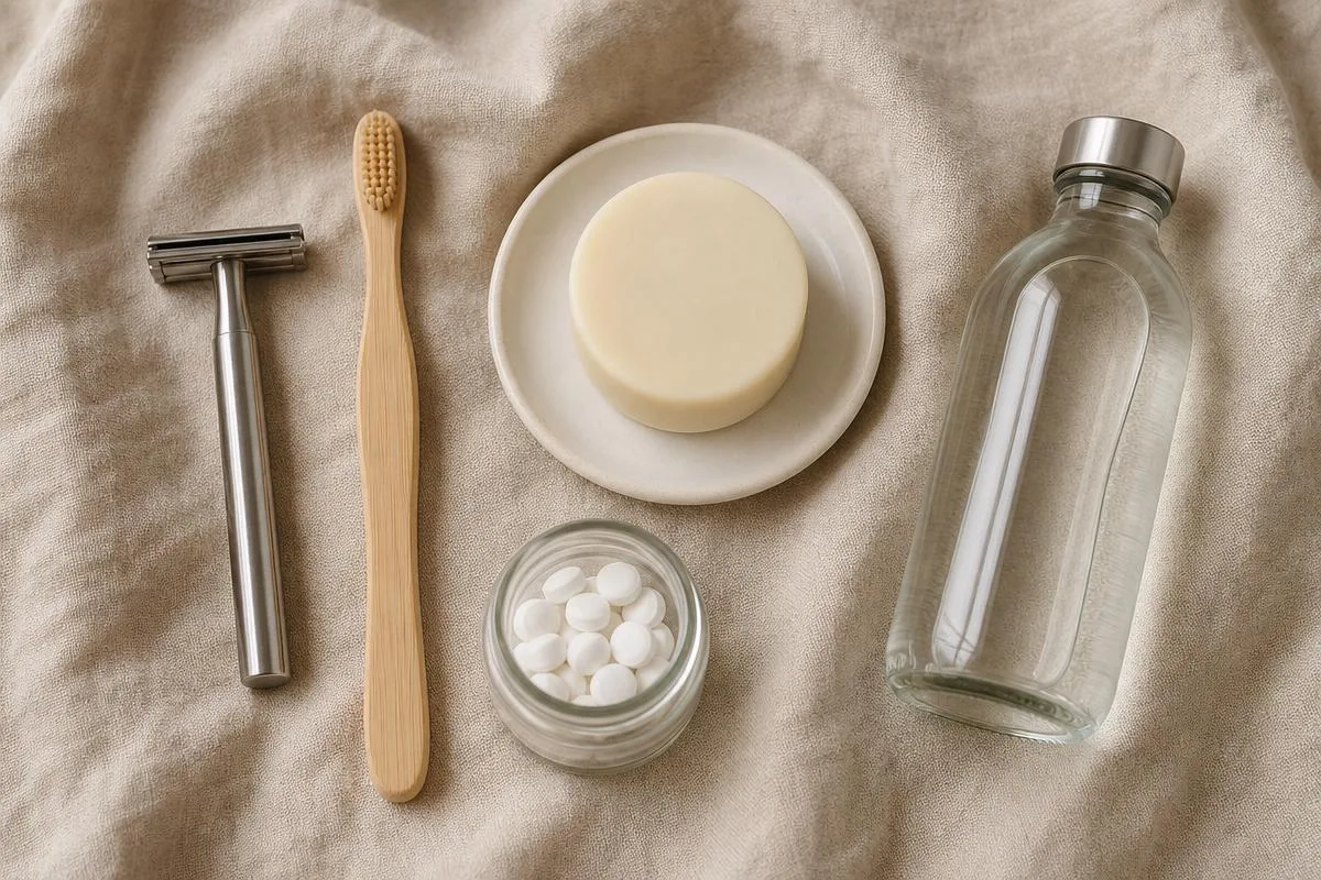 Flat-lay of a bamboo toothbrush, shampoo bar, toothpaste tablets and a safety razor on warm linen.