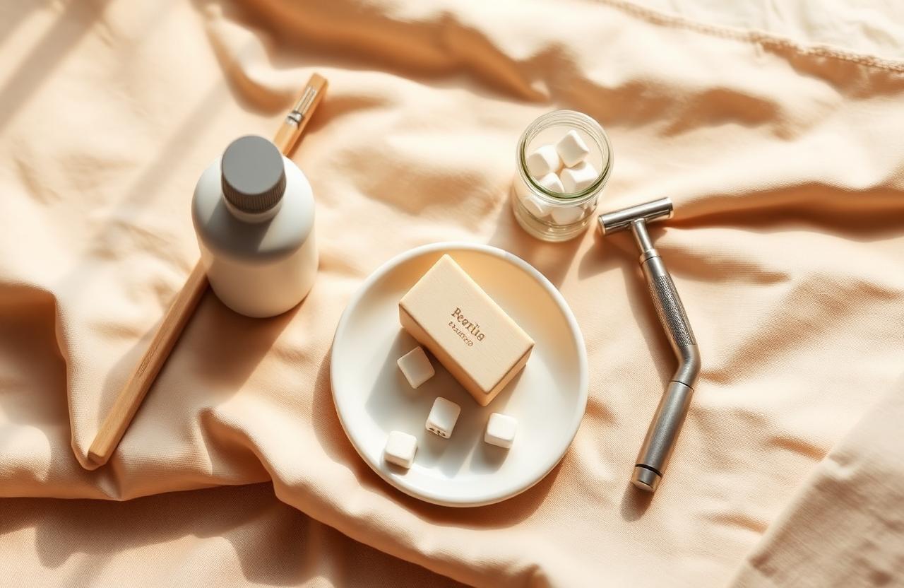 Flat-lay of a bamboo toothbrush, shampoo bar, toothpaste tablets and a safety razor on warm linen.