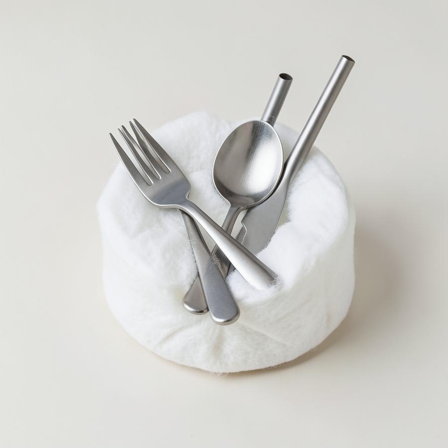 Reusable stainless steel cutlery set and metal straw in a cotton roll