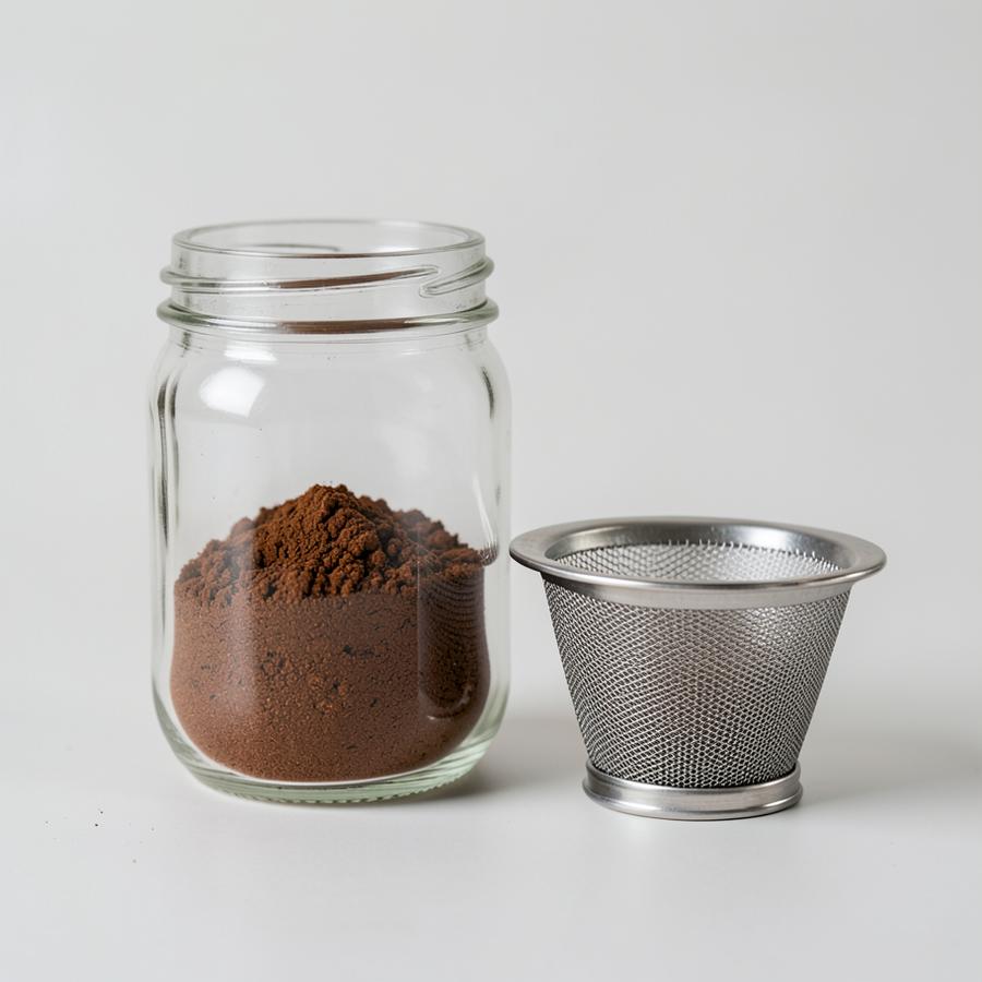 Gemahlener Kaffee in einem Glas neben einem wiederverwendbaren Metallfilter