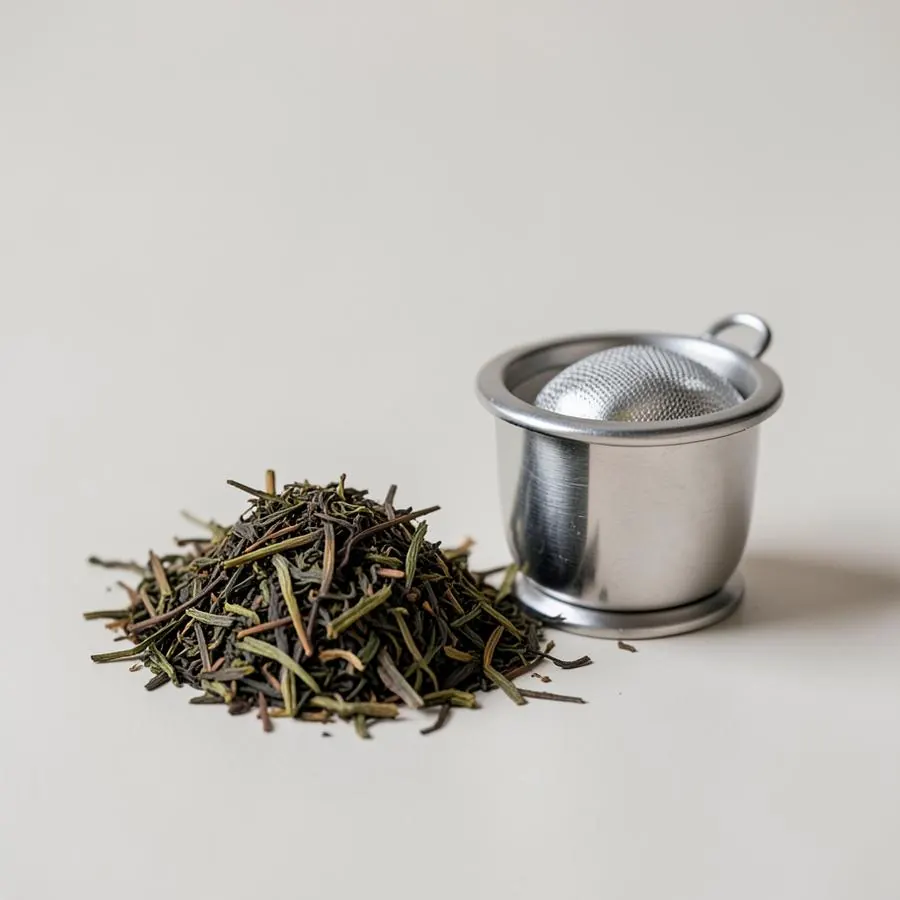 Loose leaf tea beside a stainless steel infuser