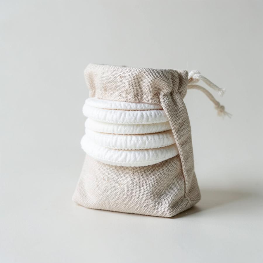 Reusable cotton facial rounds in a linen pouch