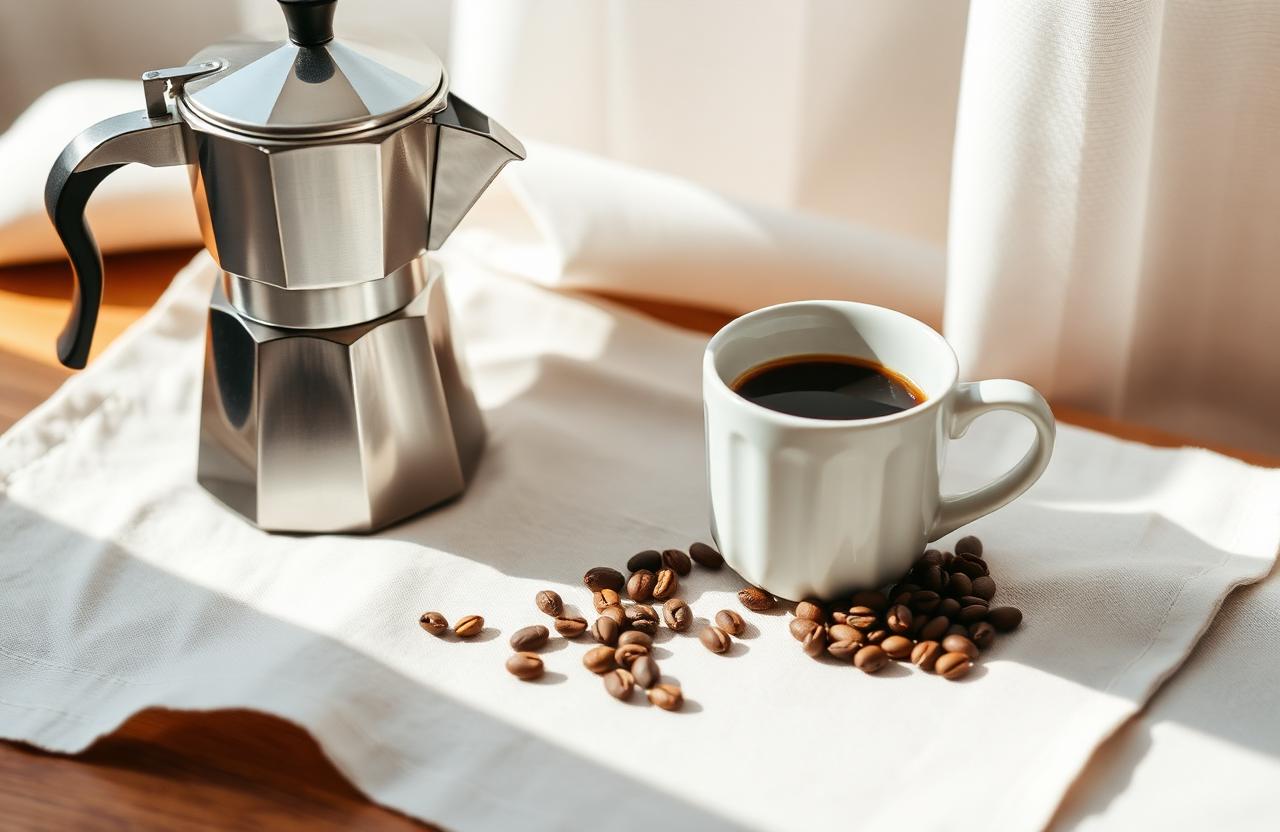 Stainless moka pot, ceramic mug and loose coffee beans on a linen cloth in morning light.