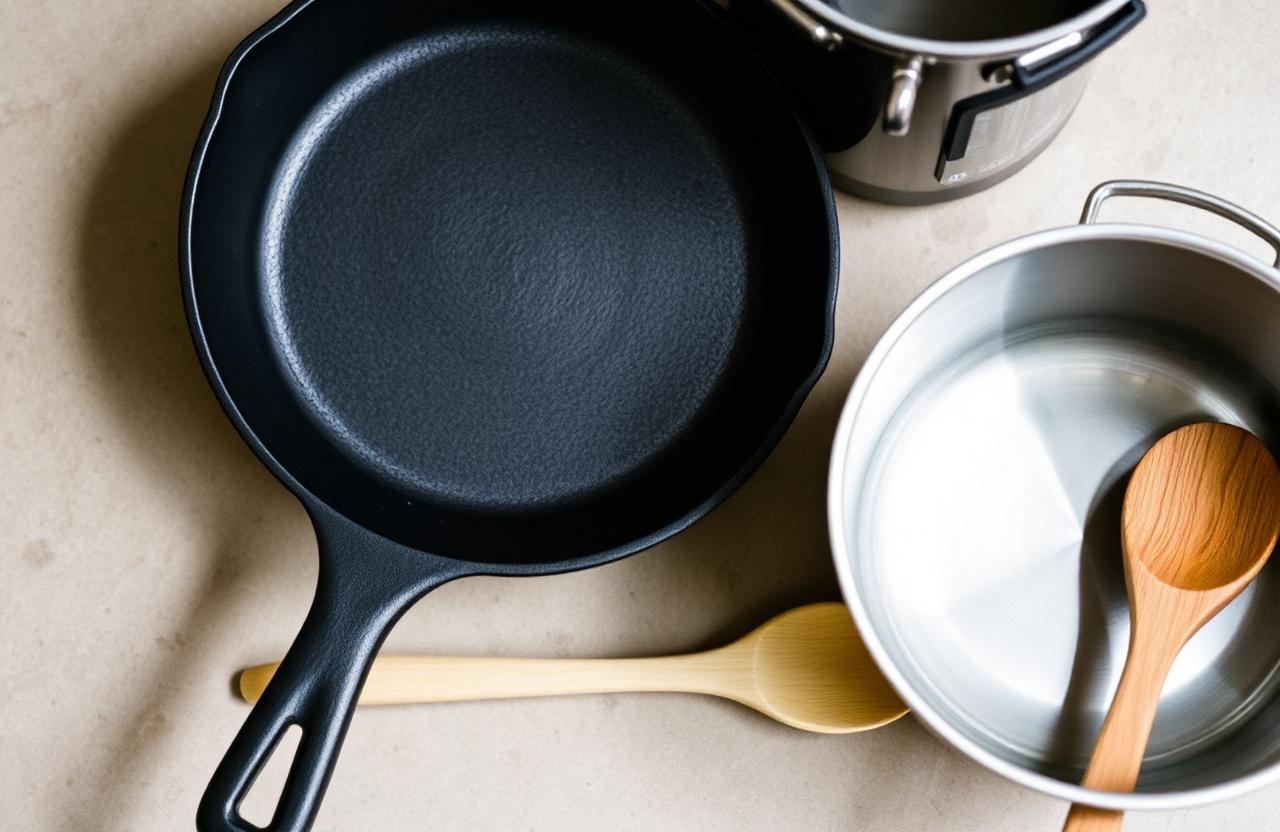 Cast iron skillet, stainless steel saucepan and wooden spoon arranged on a stone counter.