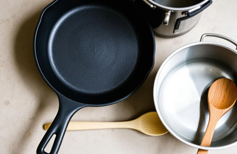 Cast iron skillet, stainless steel saucepan and wooden spoon arranged on a stone counter.