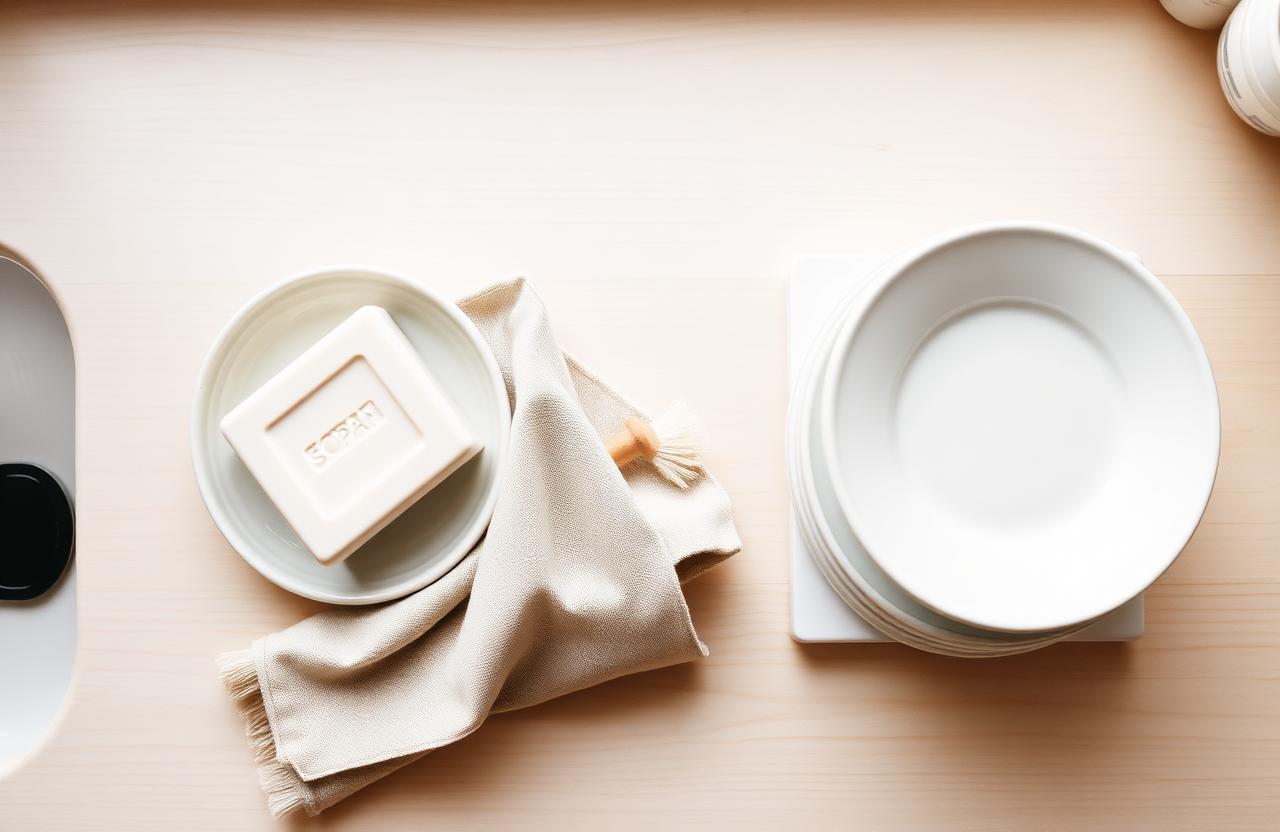 Solid dish soap block in a ceramic dish beside a wooden scrub brush and a linen tea towel on a pale wooden counter.