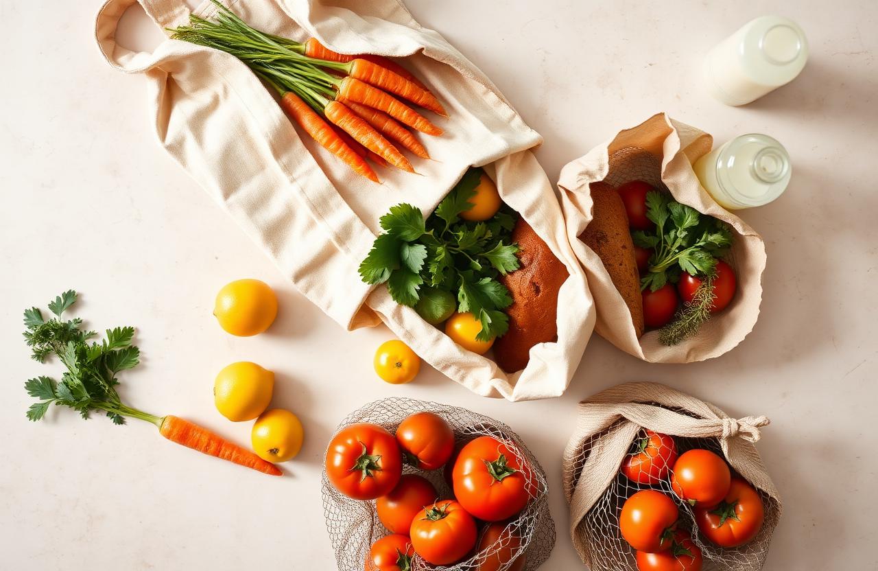 Canvas tote bag spilling carrots, lemons, bread and mesh produce bags onto a stone counter.