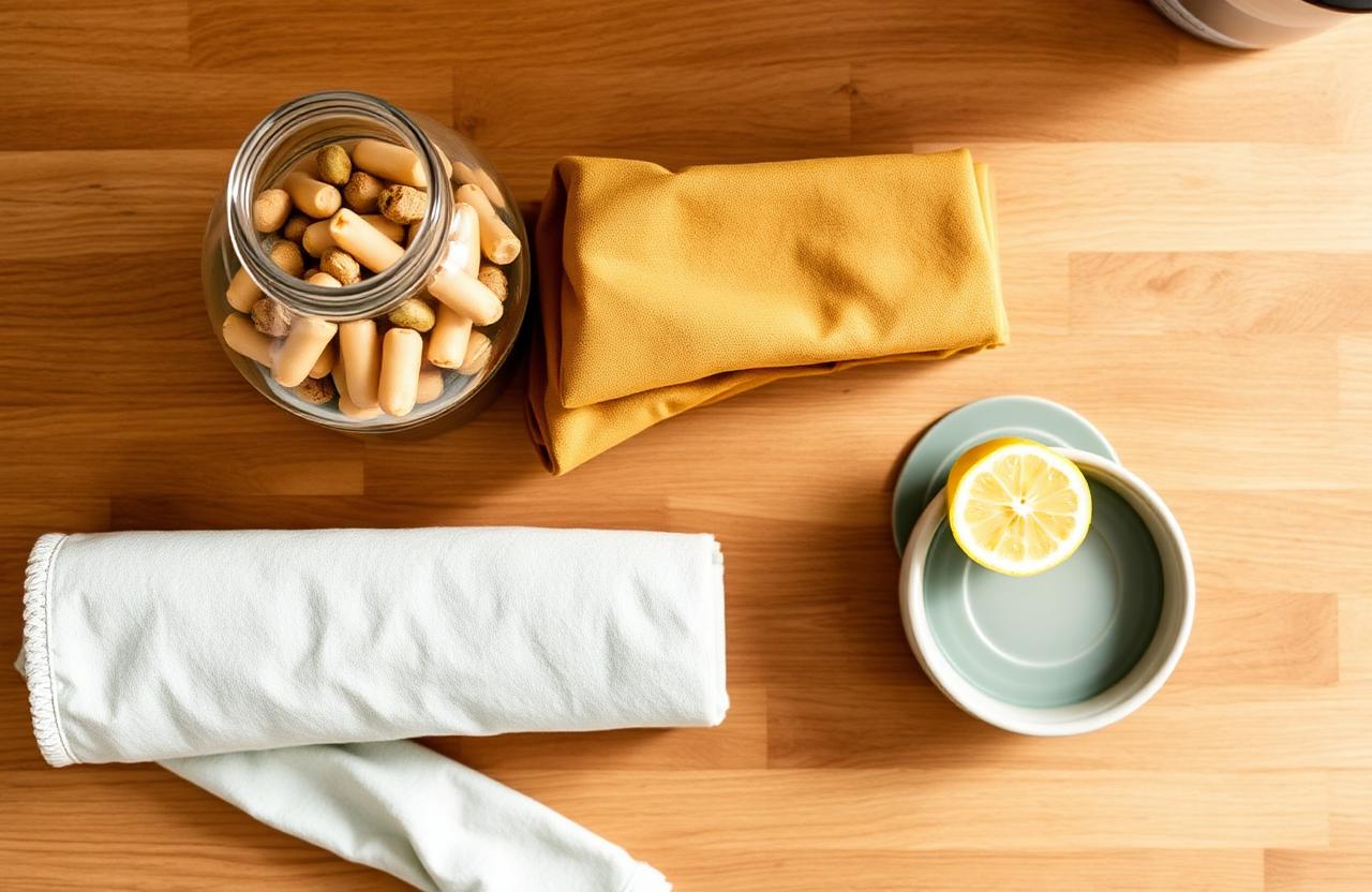 Overhead view of glass jars, folded beeswax wraps and silicone lids on an oak counter.