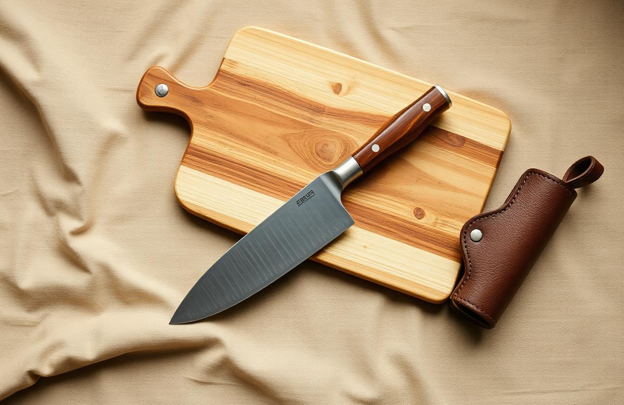 Overhead photo of a chef's knife on a wooden cutting board beside a leather knife roll on warm linen.