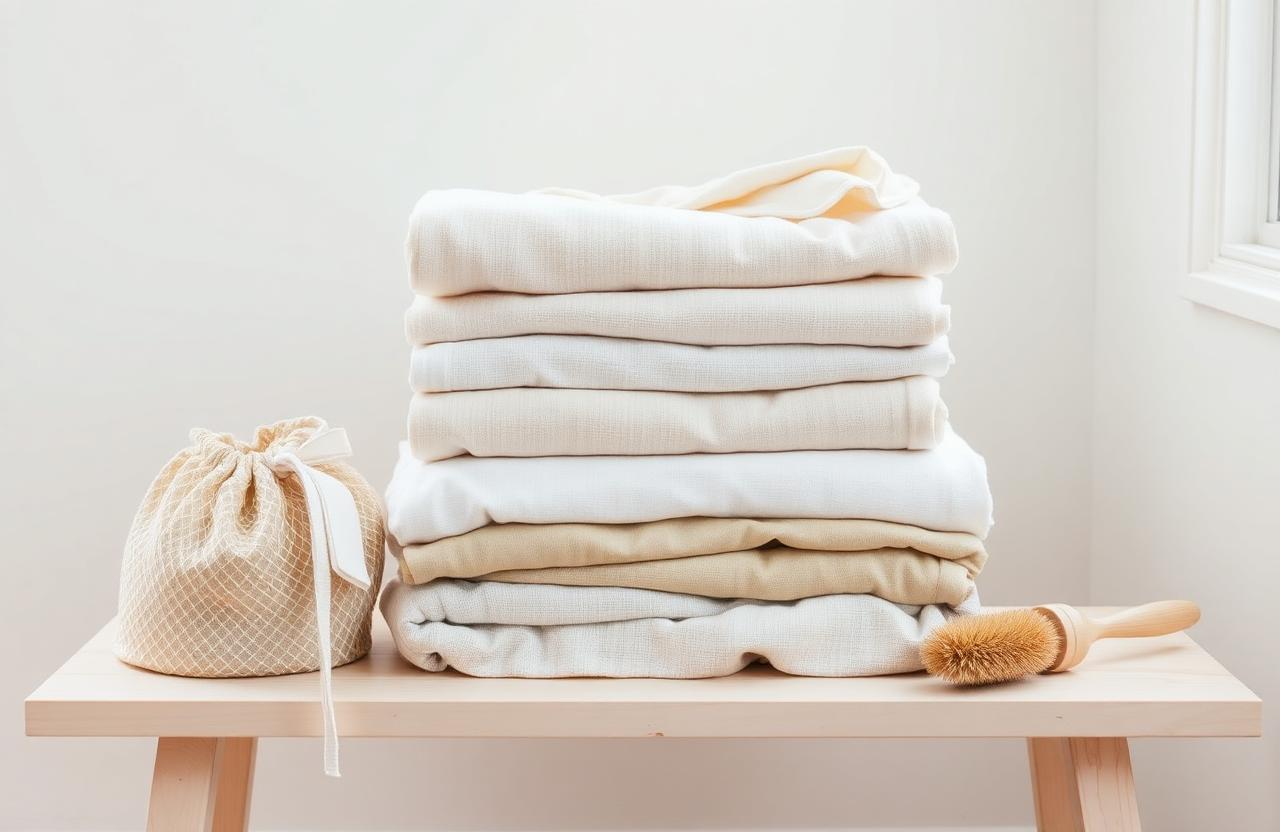 Stack of folded neutral linen and cotton laundry beside a mesh wash bag on a pale wooden bench.