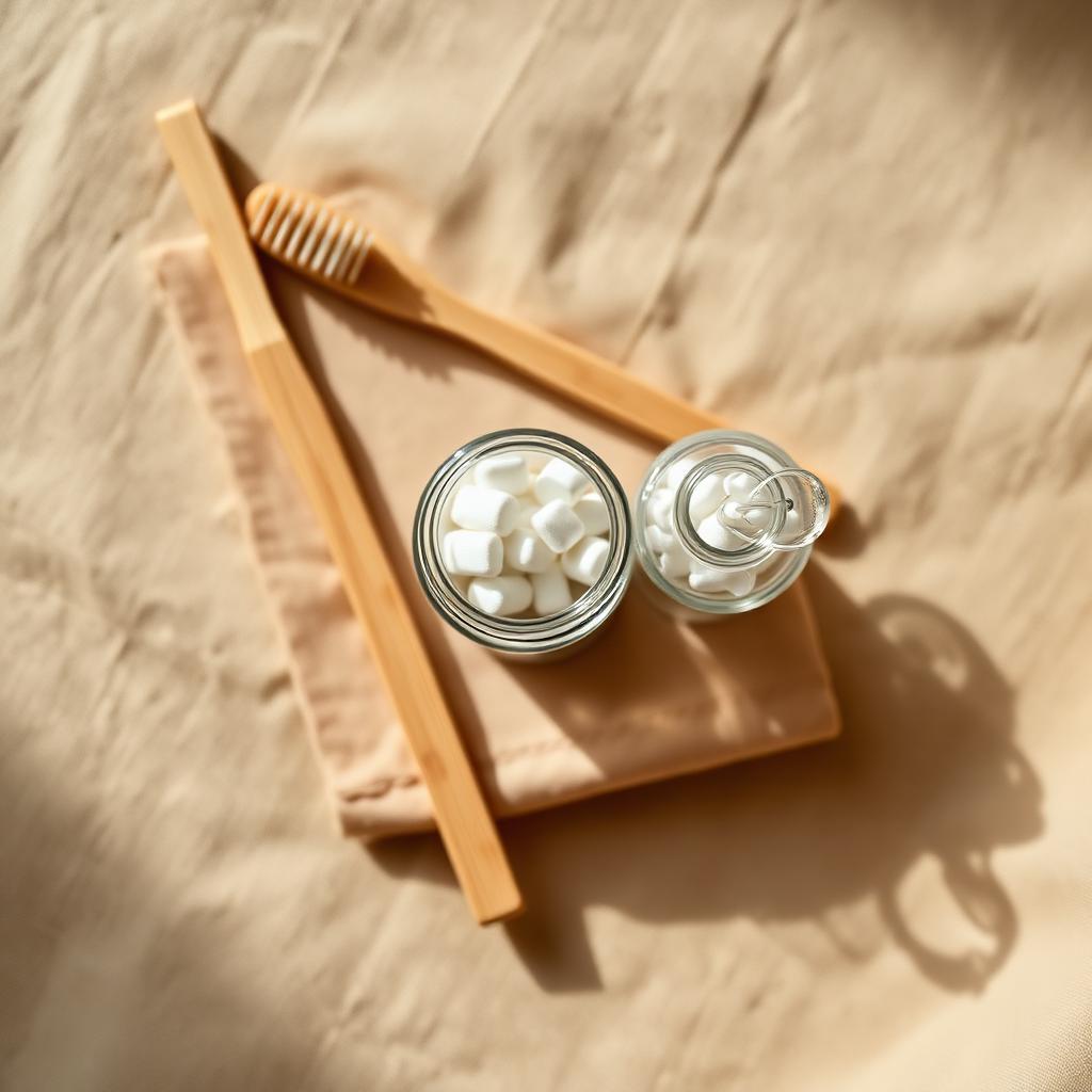 Bamboo toothbrush and a small glass jar of white toothpaste tablets on warm linen.
