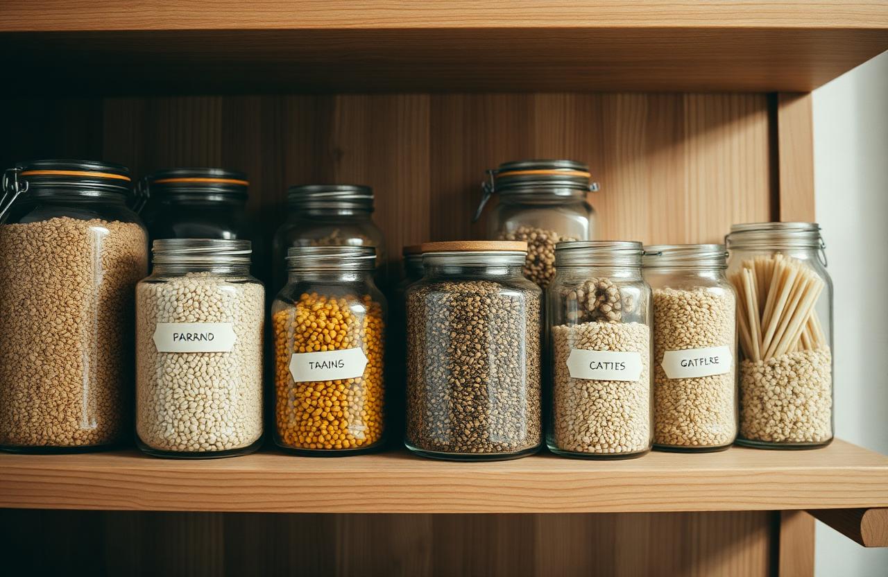 Glass jars of grains, pasta and lentils with paper labels on an oak pantry shelf.