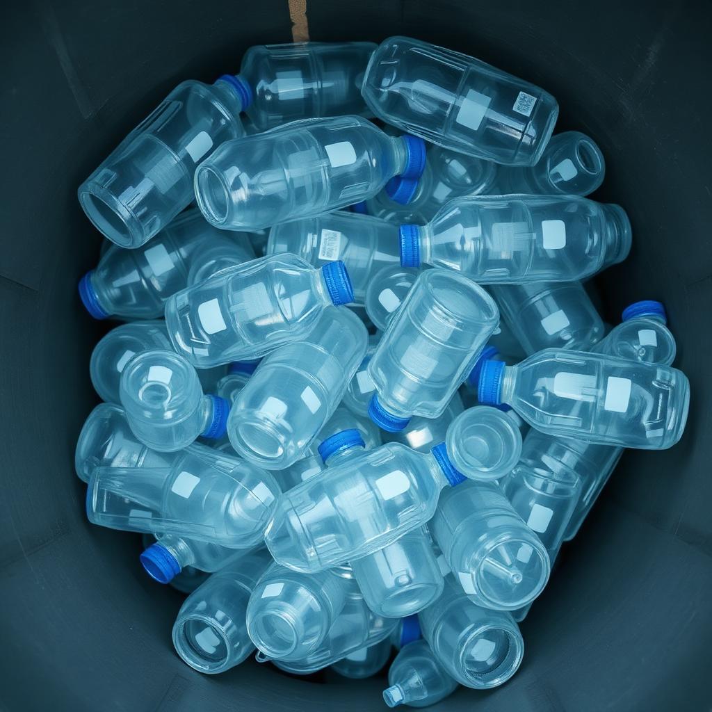 Clear PET water bottles with blue caps collected inside a recycling bin, top-down view.