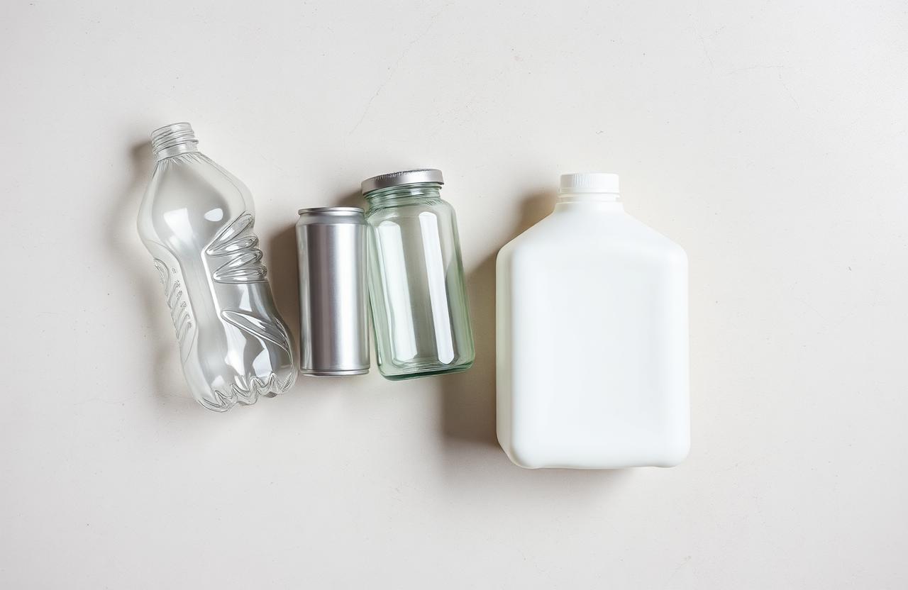Sorted recyclables on pale concrete: PET bottle, aluminium can, glass jar and HDPE milk jug.