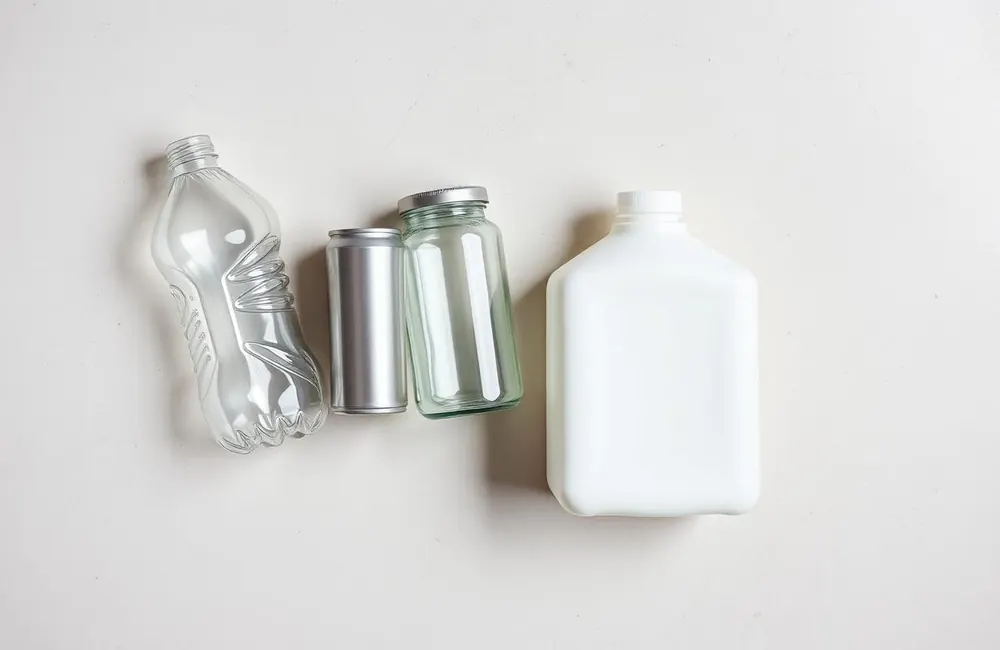 Sorted recyclables on pale concrete: PET bottle, aluminium can, glass jar and HDPE milk jug.