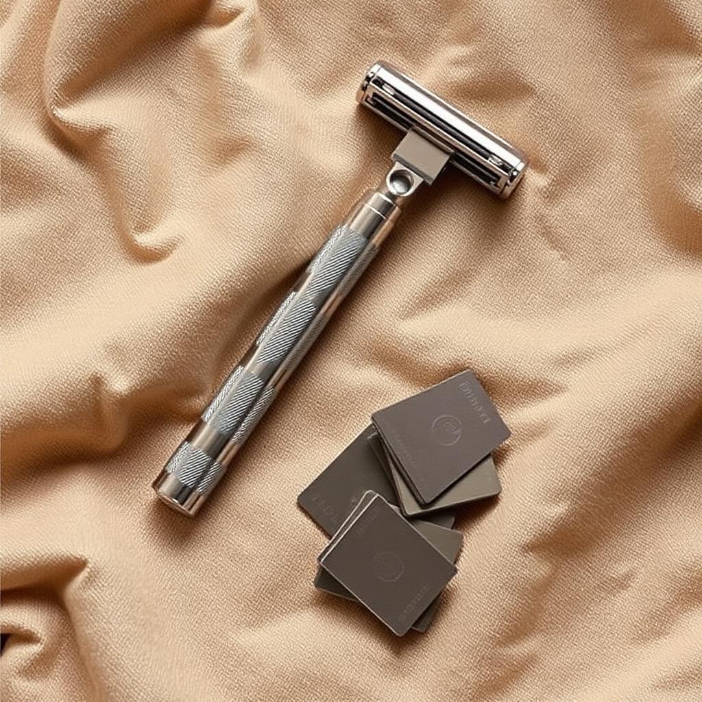 Stainless steel safety razor on warm linen beside a small stack of recyclable steel blades.
