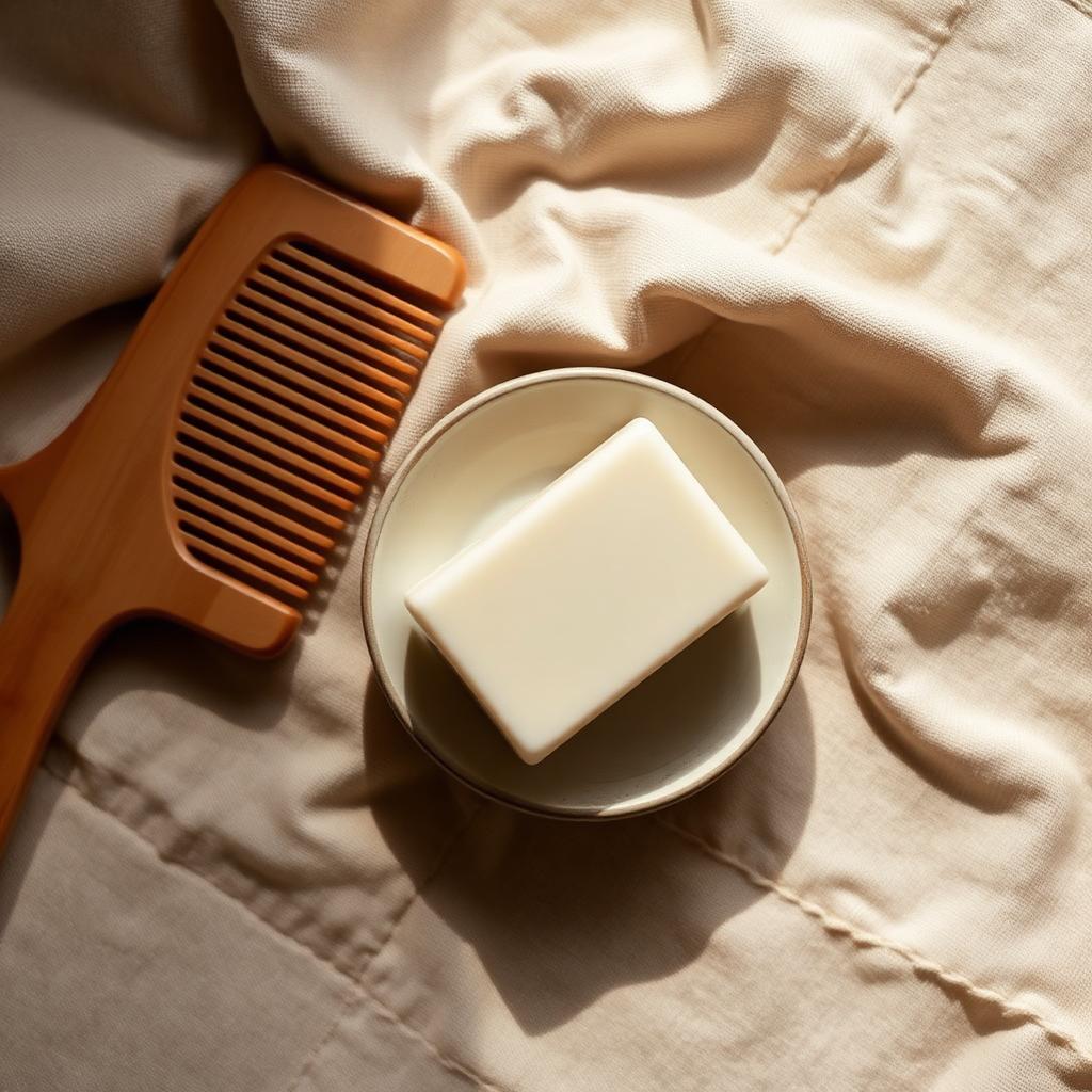 Cream-coloured shampoo bar in a small ceramic dish beside a wooden comb on warm linen.